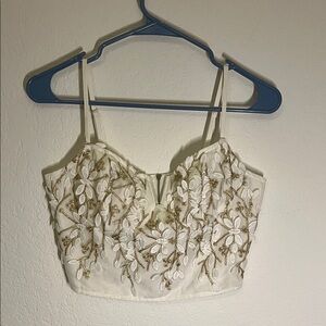 Embroidered Floral White and Gold Tank Top, Size S